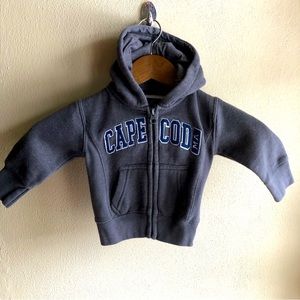 Cuffy's of Cape Cod Baby Hoodie. Grey w/ Navy Blue and White Lettering. 6 months